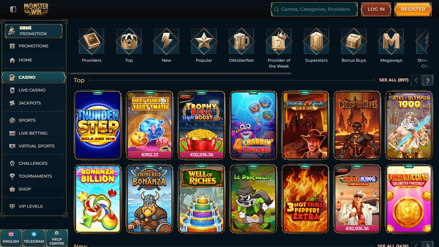Monsterwin Casino desktop games interface