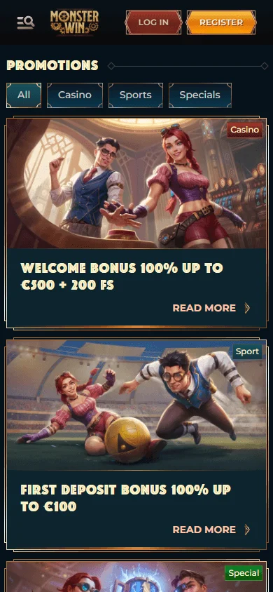Monsterwin Casino mobile browser promotions interface